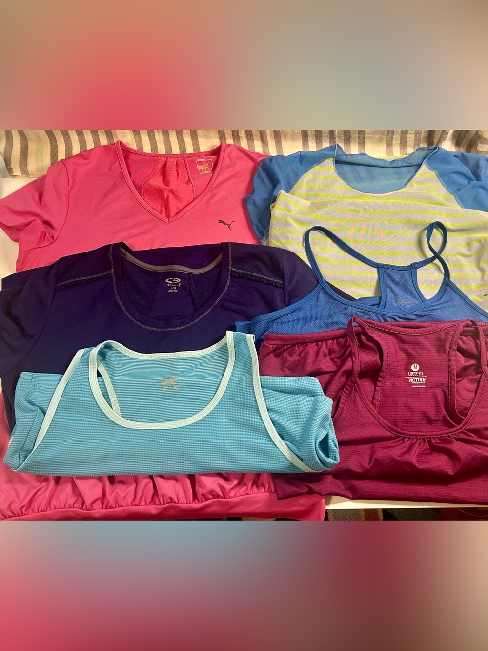 Six Assorted Women's quick dry summer workout tops — sizes med and large